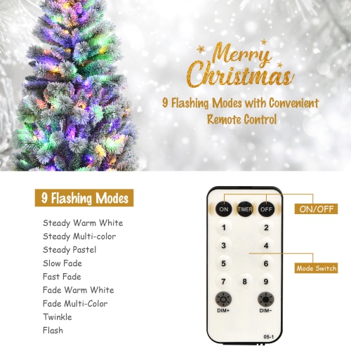 Happygrill 8FT Pre-lit Snow Flocked Christmas Pine Tree, Hinged Artificial Xmas Tree W/ 350 Remote-controlled Multi-Color Lights