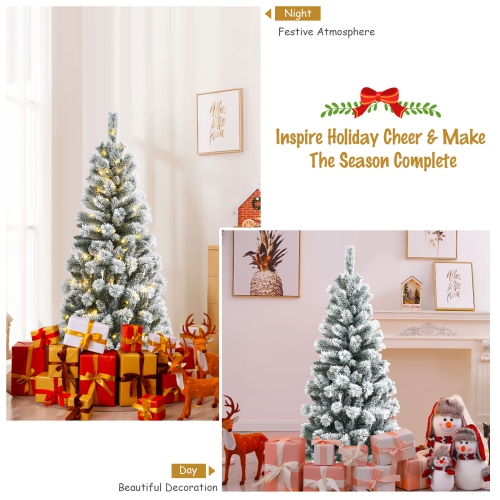 Happygrill 8FT Pre-lit Snow Flocked Christmas Pine Tree, Hinged Artificial Xmas Tree W/ 350 Remote-controlled Multi-Color Lights