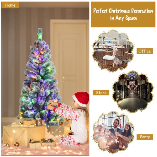 Happygrill 8FT Pre-lit Snow Flocked Christmas Pine Tree, Hinged Artificial Xmas Tree W/ 350 Remote-controlled Multi-Color Lights