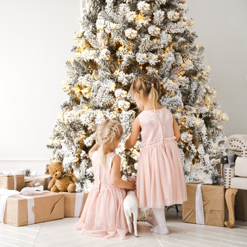 Topbuy 6 FT/7.5 FT/9 FT Snow Flocked Christmas Tree Hinged Pine Tree with Solid Metal Stand