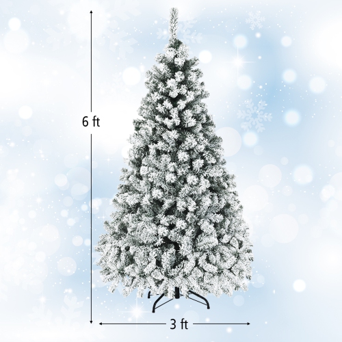 Topbuy 6 FT/7.5 FT/9 FT Snow Flocked Christmas Tree Hinged Pine Tree with Solid Metal Stand