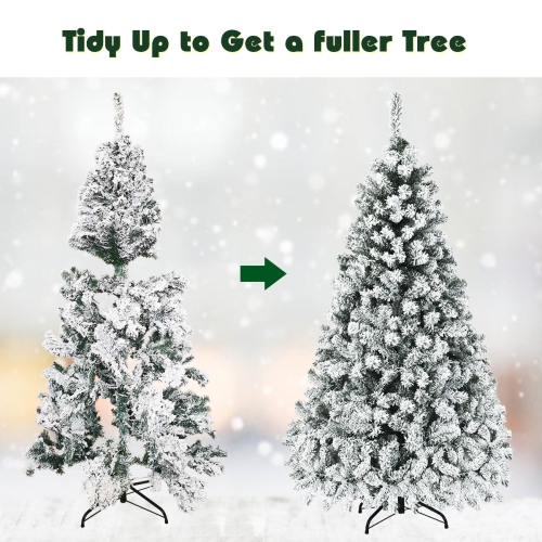 Topbuy 6 FT/7.5 FT/9 FT Snow Flocked Christmas Tree Hinged Pine Tree with Solid Metal Stand