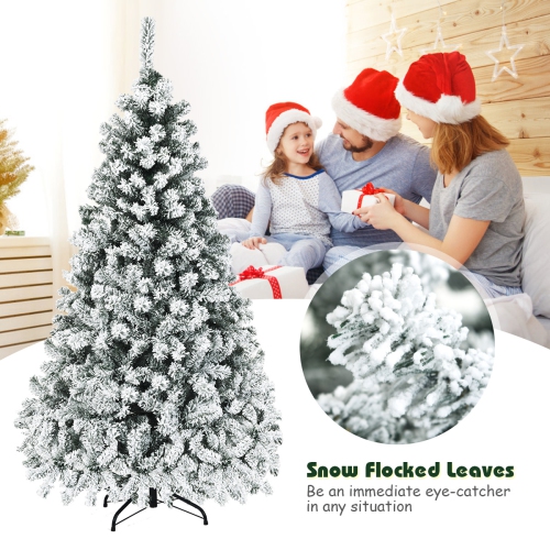 Topbuy 6 FT/7.5 FT/9 FT Snow Flocked Christmas Tree Hinged Pine Tree with Solid Metal Stand