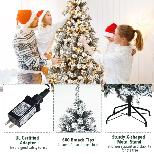 Topbuy 6 FT/7.5 FT/9 FT Snow Flocked Christmas Tree Hinged Pine Tree with Solid Metal Stand