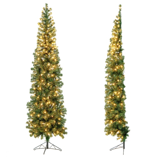 GYMAX  7Ft Pre-Lit Pvc Christmas Decor Tree Half Artificial Tree W/ Branch Tips & Lights