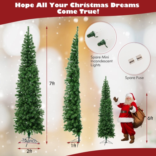 Gymax 7FT Pre-Lit PVC Christmas Decor Tree Half Artificial Tree w/ Branch Tips & Lights