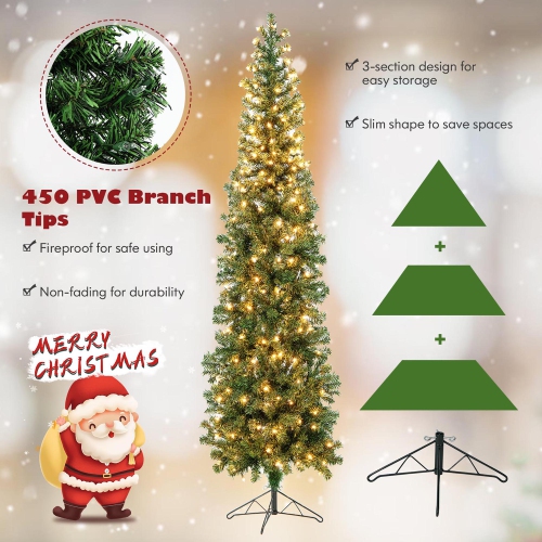 Gymax 7FT Pre-Lit PVC Christmas Decor Tree Half Artificial Tree w/ Branch Tips & Lights