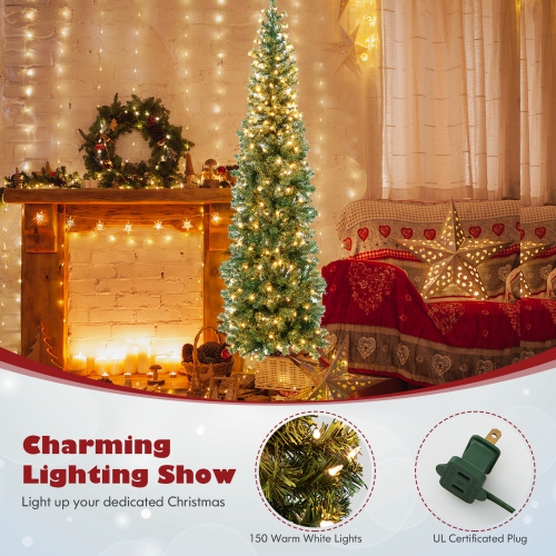 Gymax 7FT Pre-Lit PVC Christmas Decor Tree Half Artificial Tree w/ Branch Tips & Lights