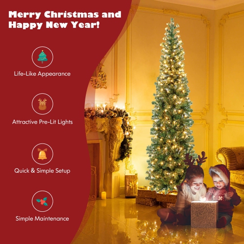 Gymax 7FT Pre-Lit PVC Christmas Decor Tree Half Artificial Tree w/ Branch Tips & Lights