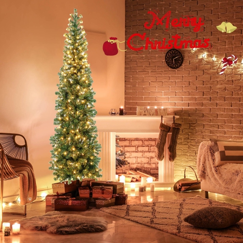 Gymax 7FT Pre-Lit PVC Christmas Decor Tree Half Artificial Tree w/ Branch Tips & Lights