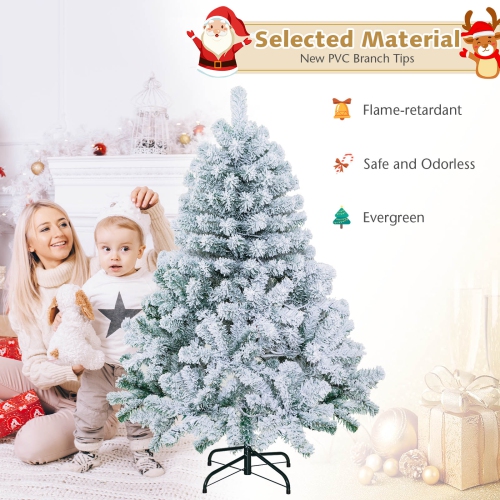 Topbuy 4.5 FT Snow Flocked Christmas Tree Pre-lit Christmas Tree w/295 Branch Tips & 150 Warm White LED Lights
