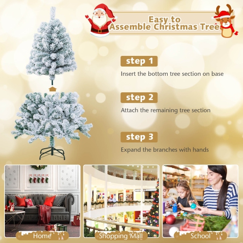 Topbuy 4.5 FT Snow Flocked Christmas Tree Pre-lit Christmas Tree w/295 Branch Tips & 150 Warm White LED Lights