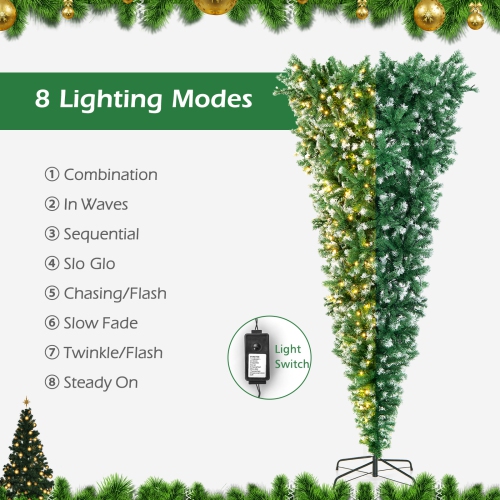 Topbuy 7.5FT Pre-lit Upside Down Christmas Tree, Artificial Tree w/400 Warm White LED Lights & 8 Lighting Modes, Snowy Inverted Christmas Tree for