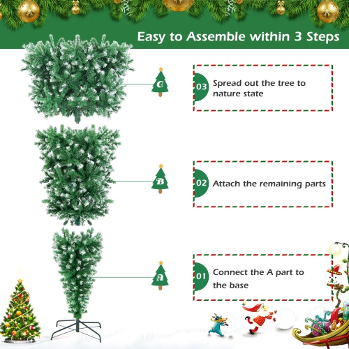 Topbuy 7.5FT Pre-lit Upside Down Christmas Tree, Artificial Tree w/400 Warm White LED Lights & 8 Lighting Modes, Snowy Inverted Christmas Tree for