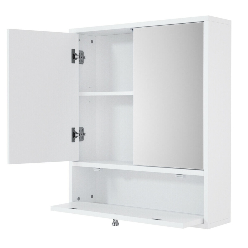 TOPBUY  Double Mirror Door Bathroom Cabinet Wall-Mount Storage Wood Shelf In White