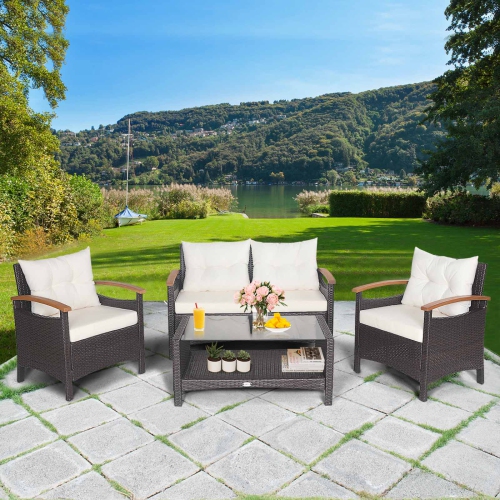 Patiojoy Patio Rattan 4PCS Cushioned Chair Side Table Set Bistro Set Classic Furniture Single Sofa Thick Cushion Loveseat for Garden Off White/Navy