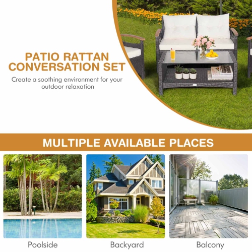 Patiojoy Patio Rattan 4PCS Cushioned Chair Side Table Set Bistro Set Classic Furniture Single Sofa Thick Cushion Loveseat for Garden Off White/Navy