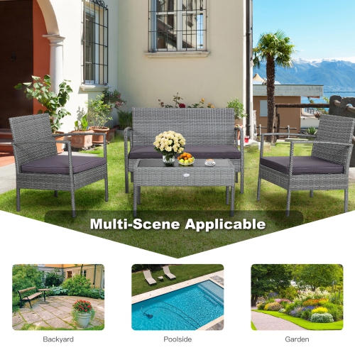 Patiojoy Patio Rattan 4PCS/8PCS Cushioned Chair Side Table Classic Furniture Set Bistro Set Single Sofa Thick Cushion Loveseat for Garden Grey