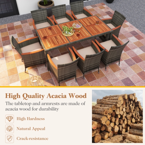 TopBuy – Ensemble de mobilier de jardin en rotin pour salle à manger en bois d’acacia avec chaise rembourrée pour l’extérieur, 9 pièces