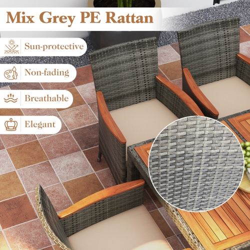 TopBuy – Ensemble de mobilier de jardin en rotin pour salle à manger en bois d’acacia avec chaise rembourrée pour l’extérieur, 9 pièces