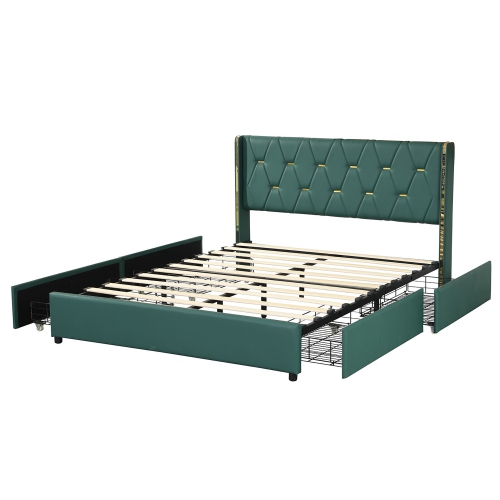 Gymax Full/Queen Upholstered Bed Frame with 4 Storage Drawers Headboard