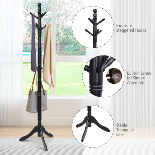 Topbuy Free Standing Coat Rack Solid Wood Cat Tree w/9 Hooks & 2 Adjustable Height Grey/Black/Brown