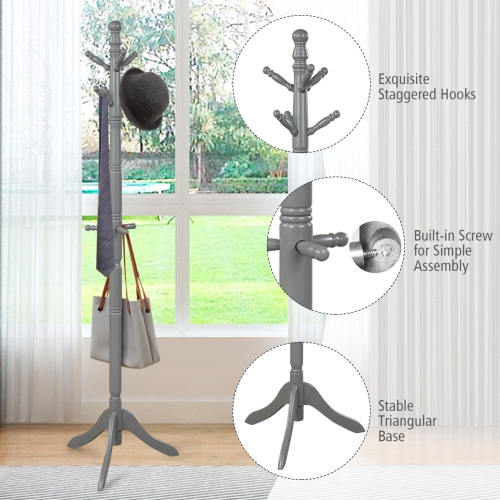 Topbuy Free Standing Coat Rack Solid Wood Cat Tree w/9 Hooks & 2 Adjustable Height Grey/Black/Brown