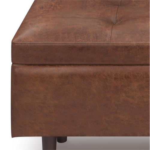 Shay 48 inch W. Modern Storage Ottoman in Distressed Saddle Brown Faux Leather