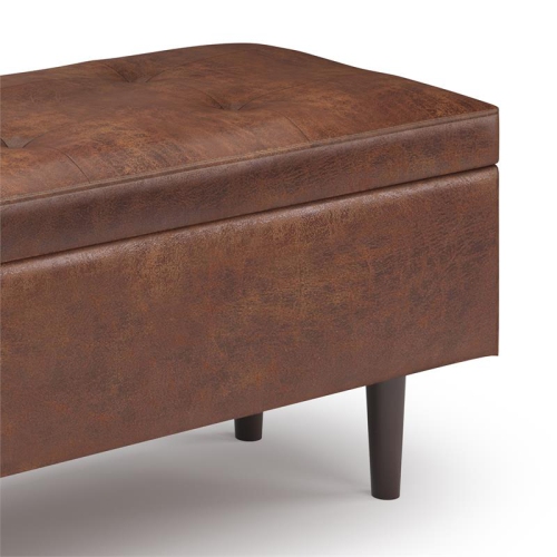 Shay 48 inch W. Modern Storage Ottoman in Distressed Saddle Brown Faux Leather