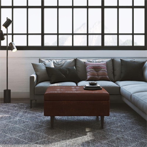 Shay 34in W Coffee Table Storage Ottoman in Distressed Saddle Brown Faux Leather