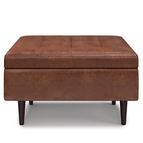 Shay 34in W Coffee Table Storage Ottoman in Distressed Saddle Brown Faux Leather