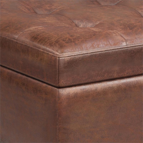 Shay 34in W Coffee Table Storage Ottoman in Distressed Saddle Brown Faux Leather