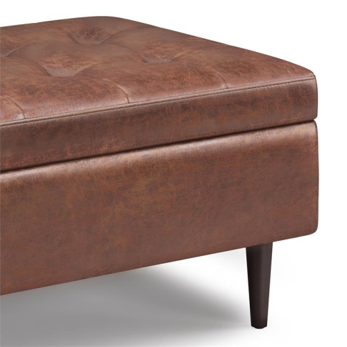 Shay 34in W Coffee Table Storage Ottoman in Distressed Saddle Brown Faux Leather