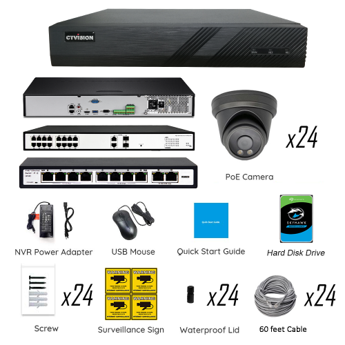 CTVISION Full Color Night Vision 4K Wired Audio Security Camera System, 24 Camera Surveillance Kit Outdoor DIY Audio 8TB HDD Included for Home