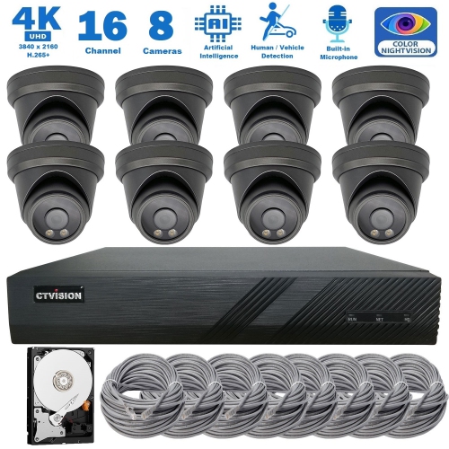 CTVISION  Full Color Night Vision 4K Wired Audio Security Camera System, 8 Camera Surveillance Kit Outdoor Diy Audio 2Tb HDD Included for Home