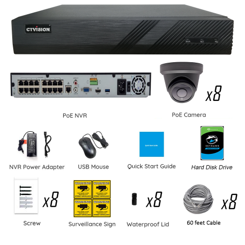 CTVISION Full Color Night Vision 4K Wired Audio Security Camera System, 8 Camera Surveillance Kit Outdoor DIY Audio 2TB HDD Included for Home