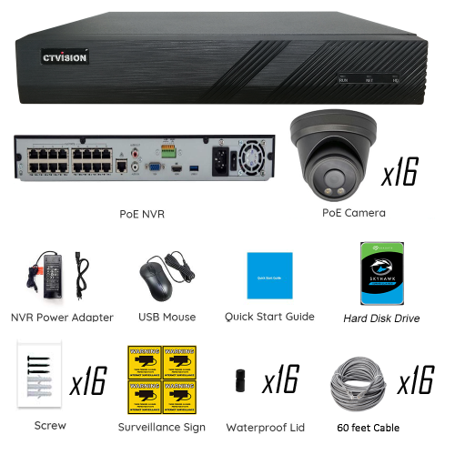 CTVISION Full Color Night Vision 4K Wired Audio Security Camera System, 16 Camera Surveillance Kit Outdoor DIY Audio 4TB HDD Included for Home