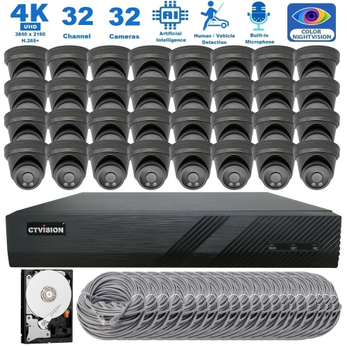 CTVISION  Full Color Night Vision 4K Wired Audio Security Camera System, 32 Camera Surveillance Kit Outdoor Diy Audio 8Tb HDD Included for Home