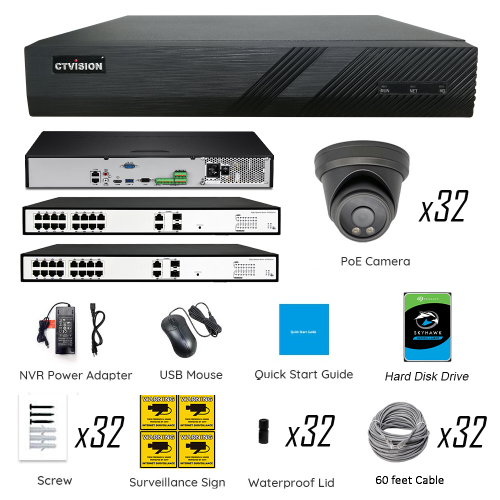 CTVISION Full Color Night Vision 4K Wired Audio Security Camera System, 32 Camera Surveillance Kit Outdoor DIY Audio 8TB HDD Included for Home