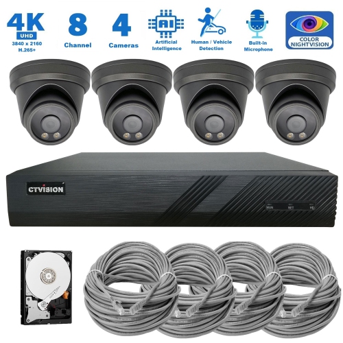 CTVISION  Full Color Night Vision 4K Wired Audio Security Camera System, 4 Camera Surveillance Kit Outdoor Diy Audio 2Tb HDD Included for Home