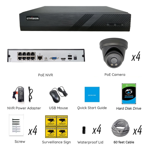 CTVISION Full Color Night Vision 4K Wired Audio Security Camera System, 4 Camera Surveillance Kit Outdoor DIY Audio 2TB HDD Included for Home