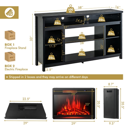Gymax 58'' Fireplace TV Stand Entertainment Console w/ Spacious Tabletop & Shelves