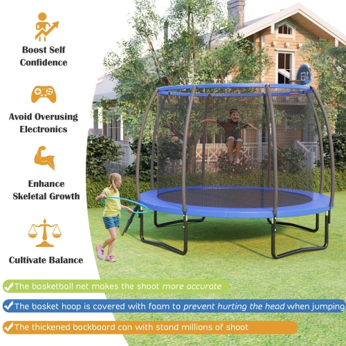 Gymax 12FT Recreational Trampoline w/ Basketball Hoop Safety Enclosure Net Ladder