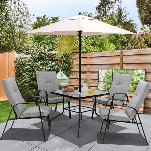Gymax 35'' Patio Dining Square Tempered Glass Table w/ Umbrella Hole Backyard
