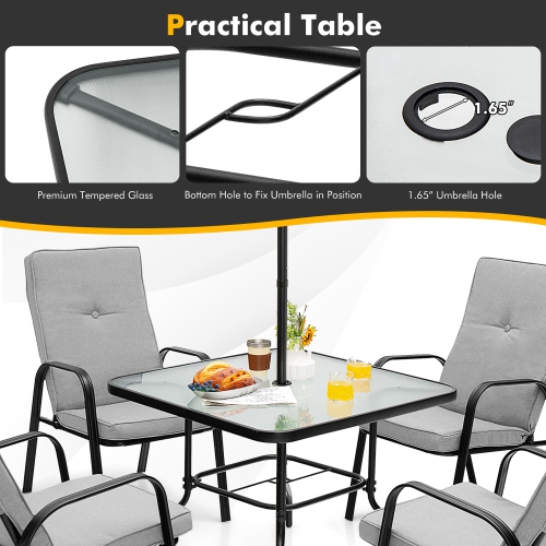 Gymax 35'' Patio Dining Square Tempered Glass Table w/ Umbrella Hole Backyard