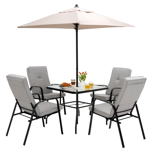 Gymax 35'' Patio Dining Square Tempered Glass Table w/ Umbrella Hole Backyard