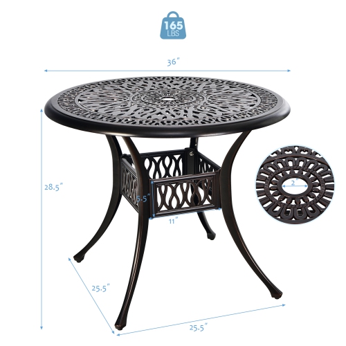 Gymax 36'' Outdoor Round Dining Table Cast Aluminum Patio Bistro Table w/ Umbrella Pole