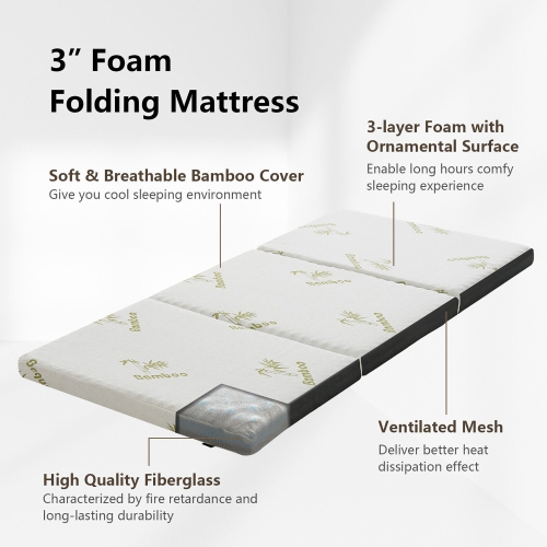 Gymax 3'' Tri-fold Memory Foam Floor Mattress Topper Portable w/ Carrying Bag