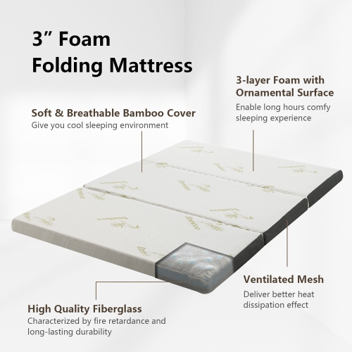 Gymax 3'' Tri-fold Memory Foam Floor Mattress Topper Portable w/ Carrying Bag