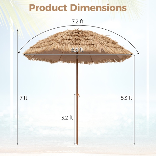 Gymax 7.2FT Hula Thatched Tiki Umbrella w/ Tilt Hawaiian Style Beach Umbrella